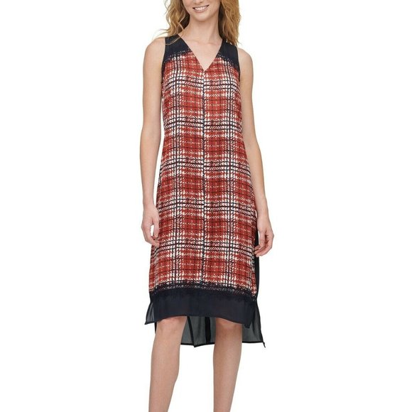 DKNY Printed Sleeveless Shift Dress Russet & Navy L - Picture 1 of 11